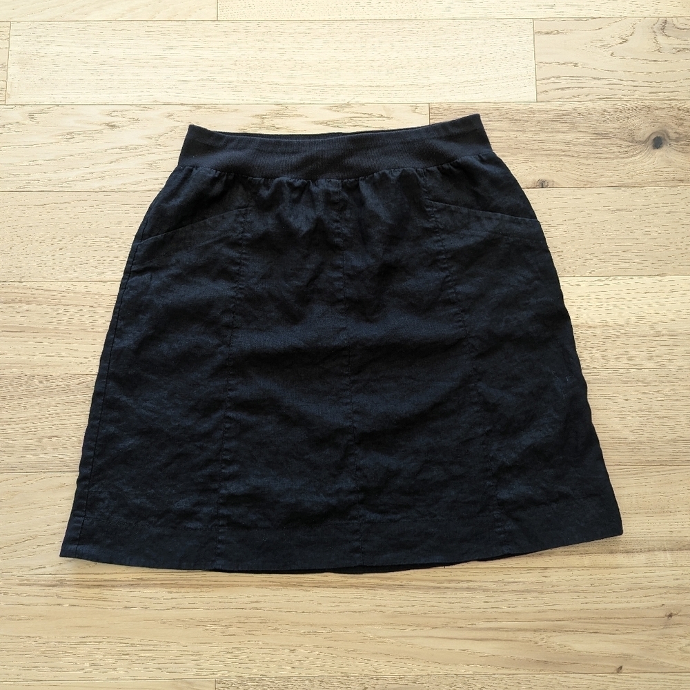 Eileen Fisher Washed Black 100% Organic Linen Front Pockets Mini Skirt A-Line